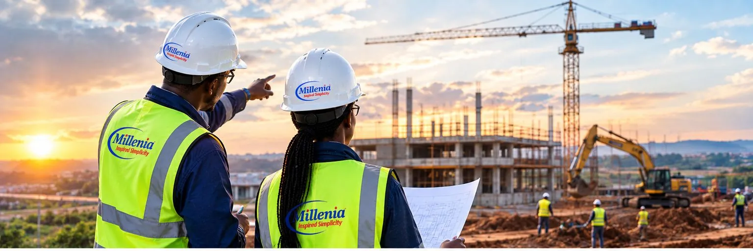 Two Millenia engineers in hard hats reviewing plans at a construction site at sunset